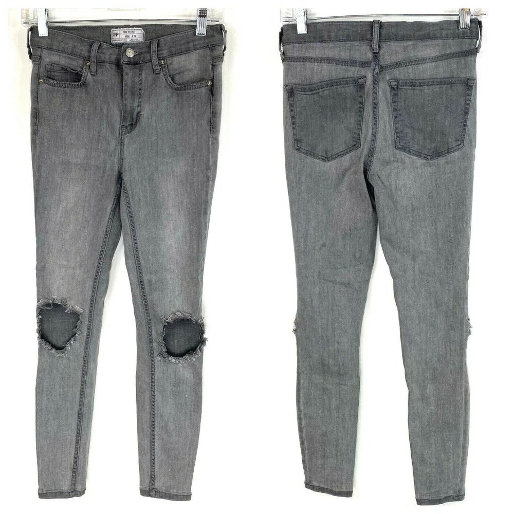 Free People Jeans Womens Size 26x26 Gray Skinny Distressed High Rise Denim